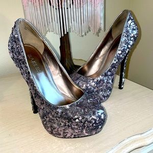 Bakers Grey Sequin Platform Stilettos, size 6 women